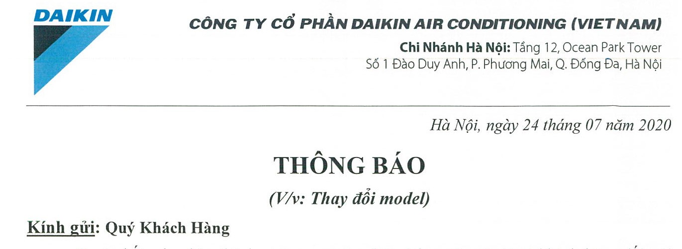 Daikin Việt Nam thông báo thay đổi Model Dàn lạnh âm trần nối ống gió - Điều hòa trung tâm